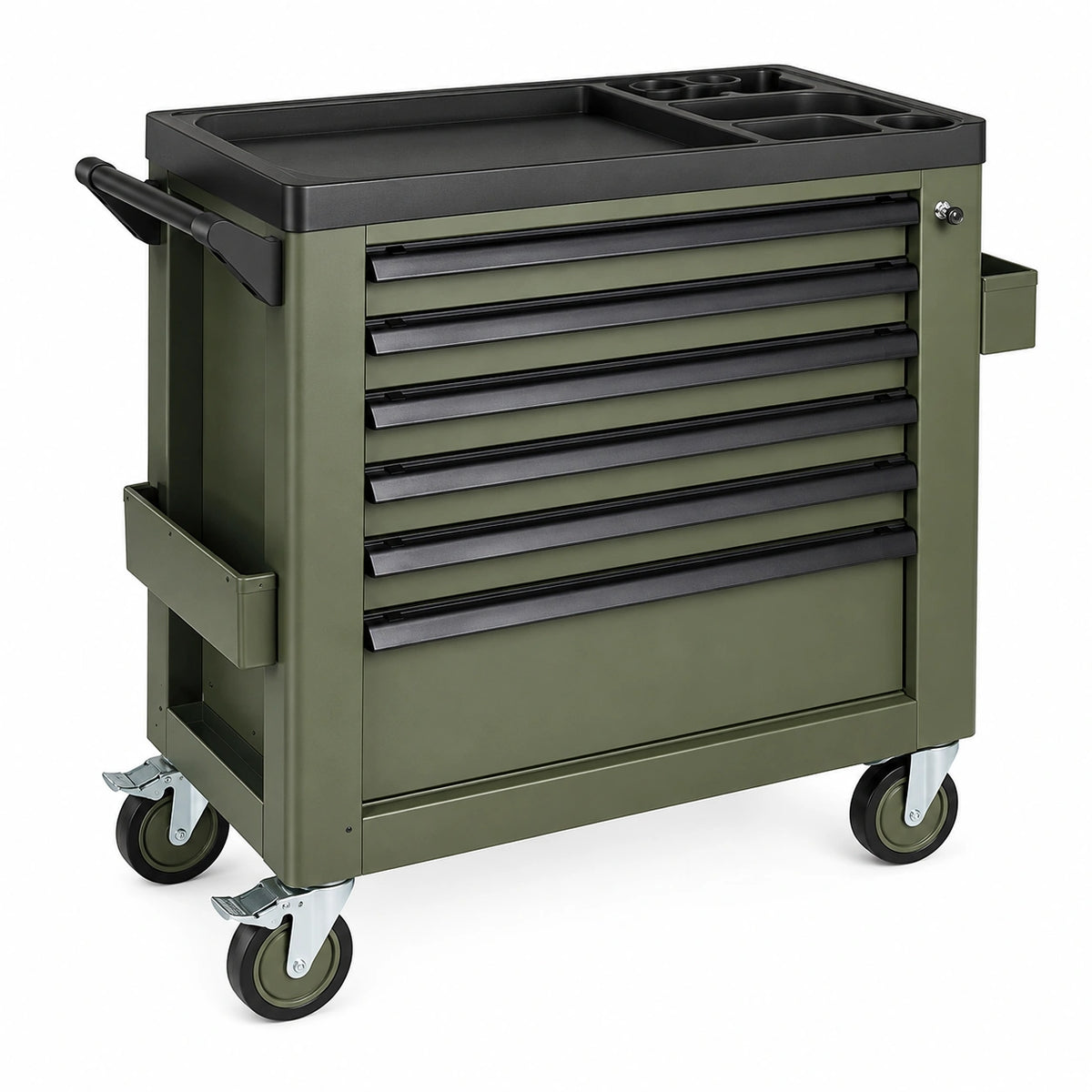 Mobiler Werkzeugwagen aus Stahl mit 6 Schubladen, 77 × 46 × 87 cm, Olivgrün/Schwarz/Silber