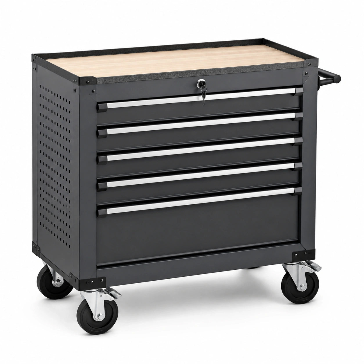 Werkzeugwagen mit 5 Schubladen, Arbeitsplatte und Zentralverriegelung, 78 × 46 × 83 cm, Schwarz, Silber und Hellbraun