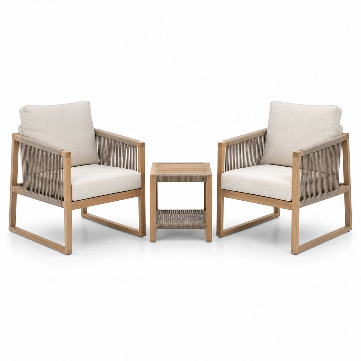 3-teiliges Gartenmöbelset in Beige, Braun und Grau – 2 Sessel à 68 × 75 × 80 cm und Beistelltisch 45 × 45 × 55 cm