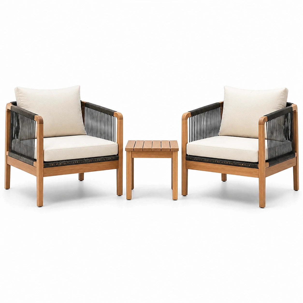 3-teiliges Gartenmöbel-Set mit 2 Sesseln 72 × 75 × 80 cm und Beistelltisch 50 × 45 × 45 cm, Natur, Schwarz und Cremeweiß