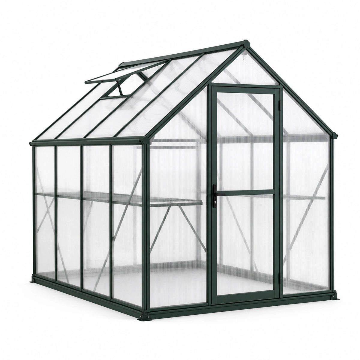 Gewächshaus aus Aluminium und Polycarbonat mit Dachfenster und Drehtür, 190 × 190 × 195 cm, Dunkelgrün/Transparent