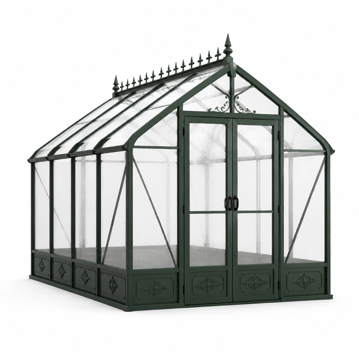 Begehbares Gewächshaus mit Doppeltür aus Aluminium und Polycarbonat, 306 × 244 × 269 cm, Dunkelgrün/Transparent