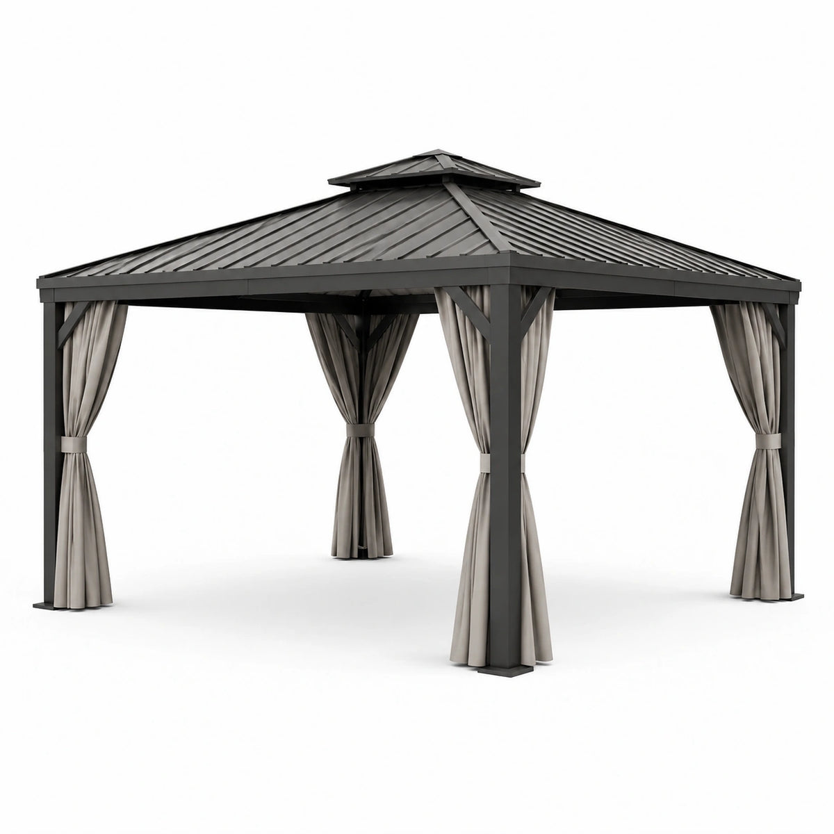 Gartenpavillon mit Hardtop-Dach und Vorhängen, 300 × 300 × 270 cm, Anthrazit und Grau